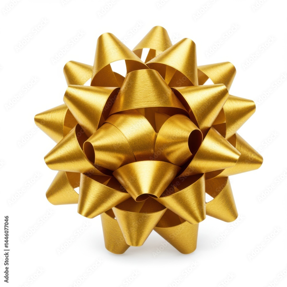 Poster isolated shiny golden gift bow with multiple loops on a white background in a studio shot