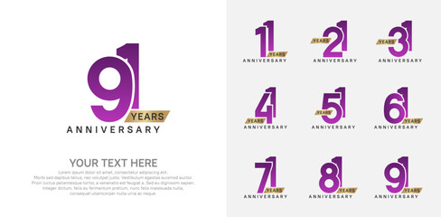 Anniversary logo set vector design, purple and gold color for celebration event
