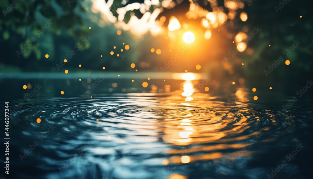 Aufkleber Sunset reflecting on water surface with bokeh lights illuminating the surroundings at a tranquil evening setting