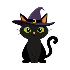 Black Witch Cat with Hat on Transparent Background