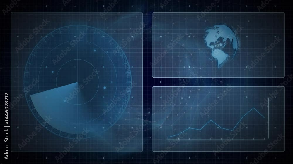 Poster futuristic radar interface rotating left, displaying panels with globe and chart over grid
