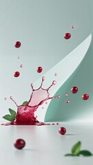 Fresh cranberry berries and juice dancing on a clear mint background 