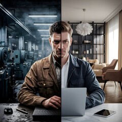 comparison of a person working in a factory and a person working remotely from home