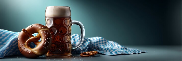 Rustic oktoberfest beer mug aesthetic with pretzel flatlay in studio bavarian food photography minimal german pub environment