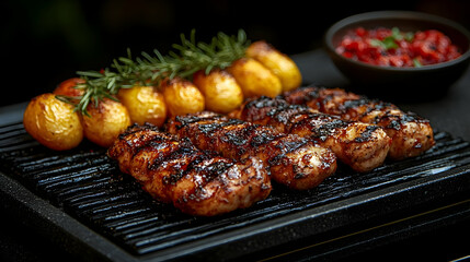 Grilled Chicken with Roasted Potatoes and Red Sauce