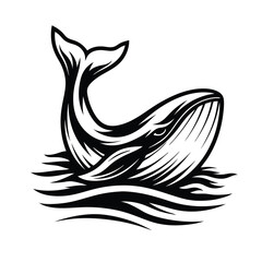 Stylized Black & White Whale Emerging From Water Marine Life Silhouette