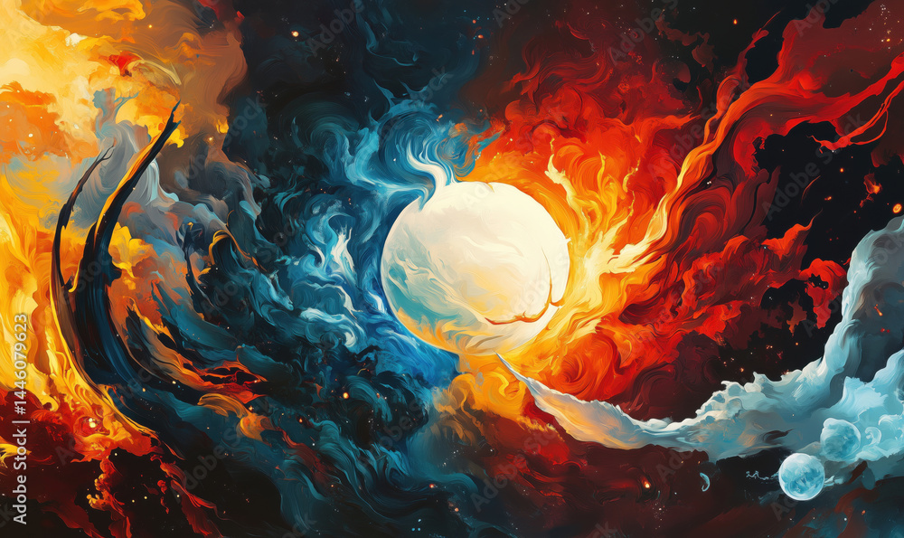 Poster cosmic fusion of colors in abstract space art with celestial bodies and nebulae.