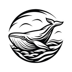 Line art whale, ocean waves in a circular frame, minimalist black and white design