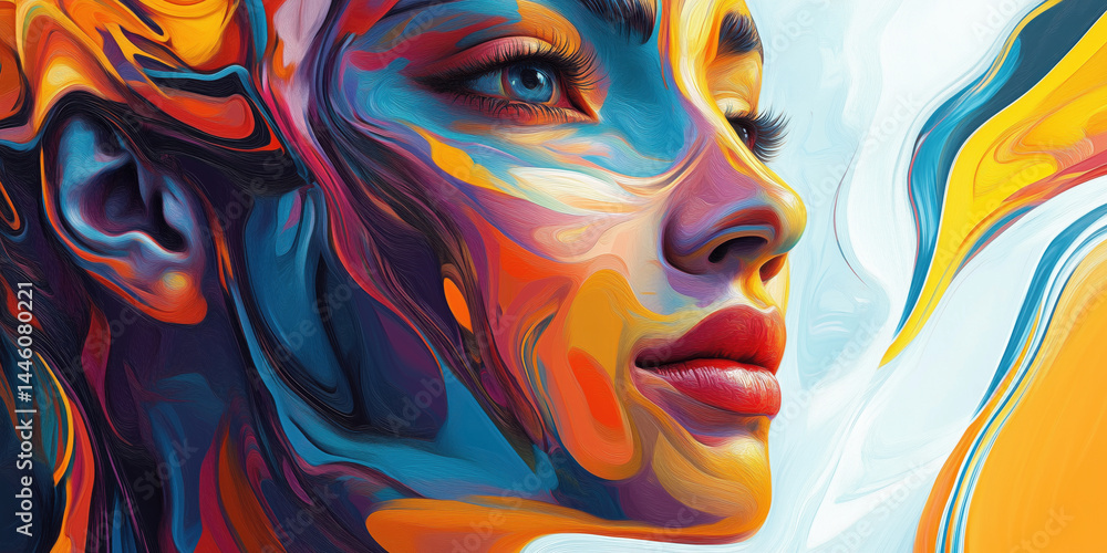 Poster vibrant abstract portrait of a woman with colorful swirling patterns and expressive features.