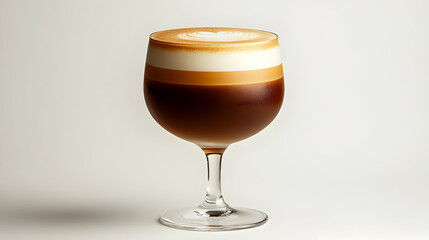 Layered Coffee Drink in Clear Glass on White Background
