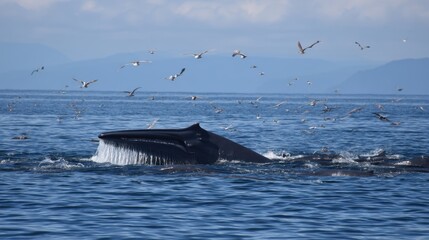 Naklejka premium Humpback Whale Breaching, Seabird Swarm, Ocean Spray