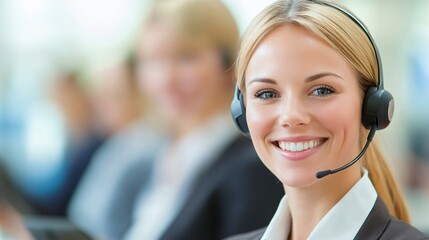 Cheerful customer service representative, young woman with headset smiling in a busy call center, vibrant team in background.