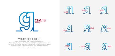 Anniversary logo set vector design, blue and red color for celebration event