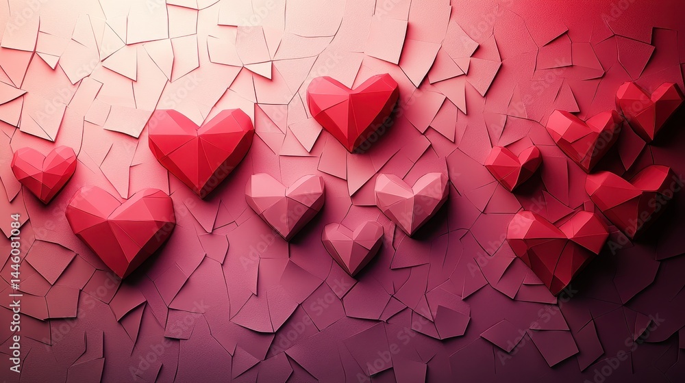 Poster colorful geometric hearts create a visually appealing display against a textured background, enhanci