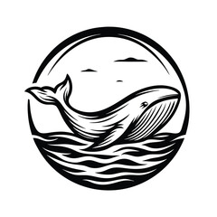 Whale amidst Ocean Waves in Circular | Black and White Sea Creature Design