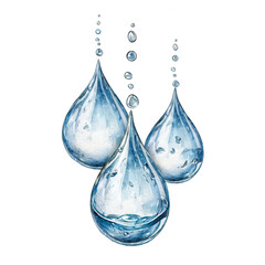 Watercolor painting presents three clean clear water droplets and bubbles.
