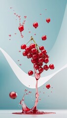 a bunch of red currants, splashing juice on a blue background