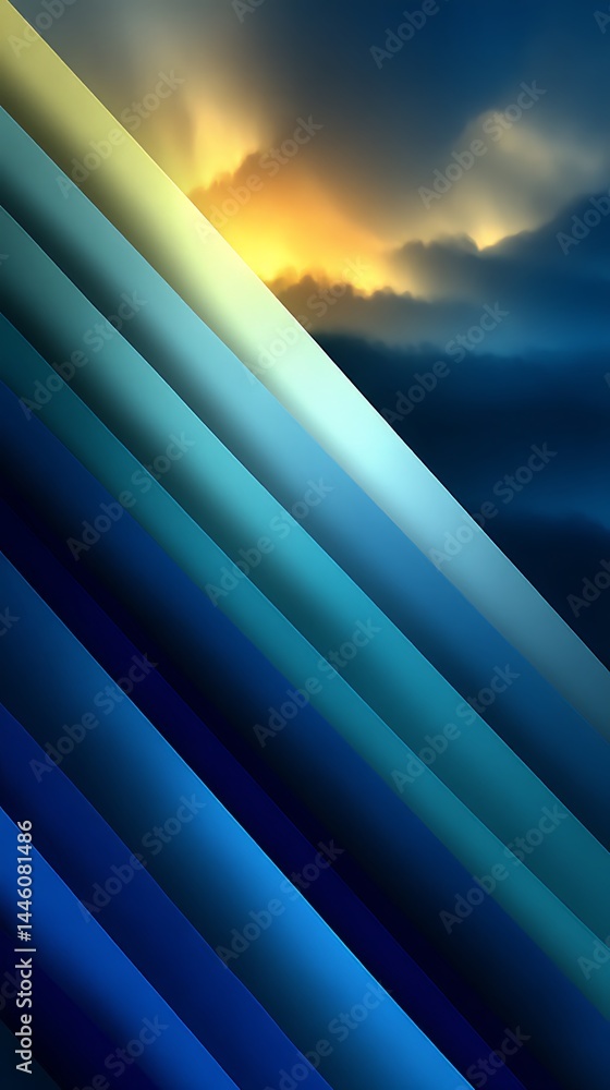 Poster blue gradient stripes overlapping cloudscape, abstract sky background pattern design