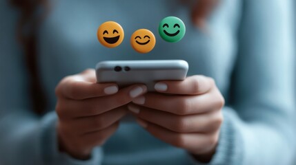 Woman using smartphone for online feedback with emoji icons
