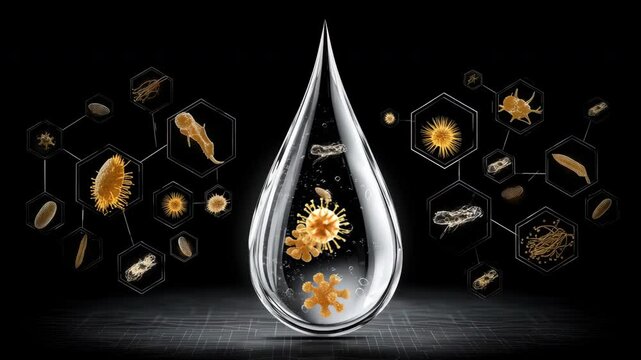 A close-up view of microorganisms suspended in a water droplet, digitally animated to highlight diverse microscopic lifeforms rotating within, using a static camera and glossy black background.