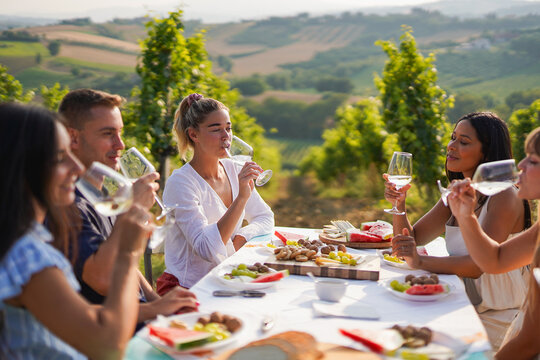 Group of adult friends tasting wine and enjoy picnic at vineyard - People, party and summer lifestyle concept