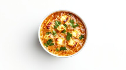 Paneer butter masala is a popular Indian dish with cheese in a creamy sauce. This is a top-down view of the curry, isolated on a white background.
