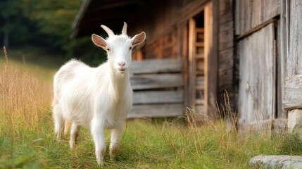 Obraz premium Adorable White Goat in Rustic Barn Setting