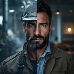 comparison of a person working as a builder and a person working remotely from home