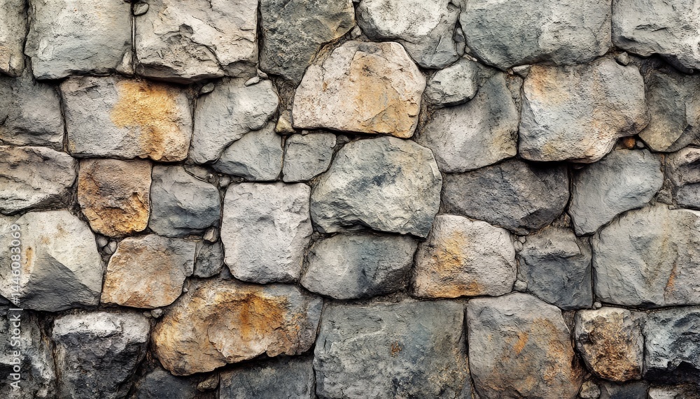 Poster natural stone wall showing various textures and colors, used in rustic architecture for homes and ou