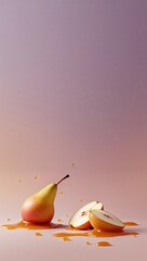 Fresh pear and apple slices spilling juice on purple background  