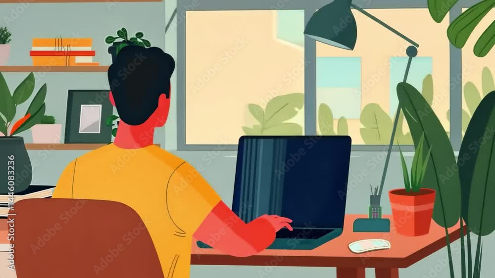 Poster working in a modern home office with greenery and natural light enhances productivity and creativity