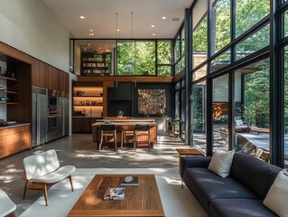 Fototapeta premium Spacious modern interior with expansive windows and warm tones.