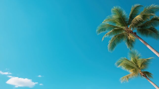 Looking up at blue sky and palm trees, view from below - Powered by Adobe