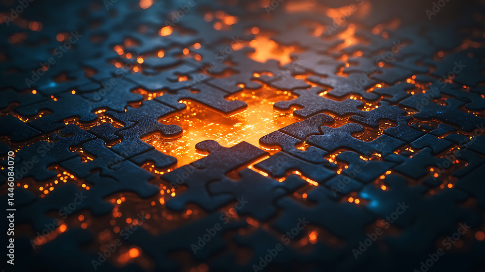 Poster captivating image of puzzle with glowing piece at center, symbolizing convergence and creativity in 