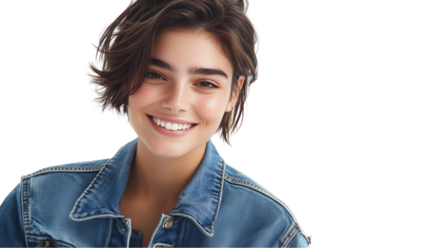 Confident, smiling young woman, business casual young woman smiling confidently, young woman with stylish hair, pointing at camera, young woman smiling with head tilted, on a transparent backgrounds