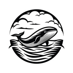 Majestic Whale Silhouette Leaping in Circular Ocean with Clouds & Birds