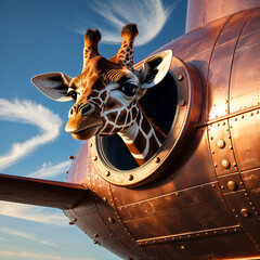 Curious Giraffe Peeking Through Porthole of Flying Copper Submarine in the Sky