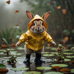 Joyful Rabbit in Yellow Raincoat Jumping in Puddle with Frogs on a Misty Day