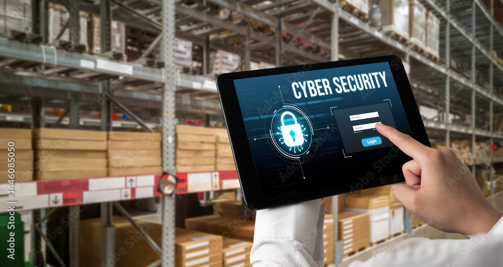 Poster cyber security system on computer screen protect private information snugly from hacker and cyber at
