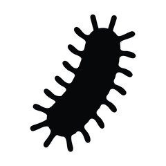 Stylized black and white illustration of a rod shaped bacterium with pili