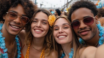 Fototapeta premium A lively group of friends joyfully celebrating at Brazilian Carnival, adorned with vibrant accessories like leis and flowers, capturing the spirit of fun and unity in this cultural extravaganza