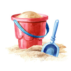 Children's beach bucket on the sand. Hand drawn watercolor illustration, isolated on white background © dariaustiugova