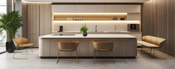 Modern kitchen island and seating with built in appliances and plants