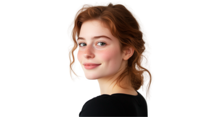 Confident, smiling young woman, business casual young woman smiling confidently, young woman with stylish hair, pointing at camera, young woman smiling with head tilted, on a transparent backgrounds