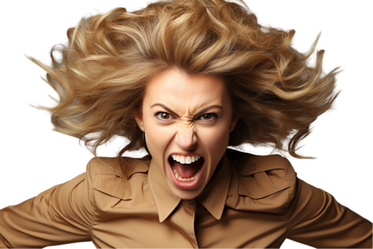 Portrait of Frustrated Woman Pulling Against Struggle – Emotional Expression Isolated on White Background