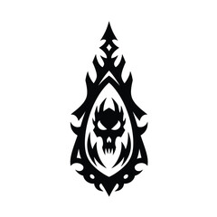 Decorative black skull tattoo design with tribal elements for print