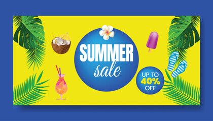 Summer Sale horizontal banner editable template. summer social media cover, header, footer design. Beach holidays, vacation Discount Sale, Promotional tropical summer vector background illustration
