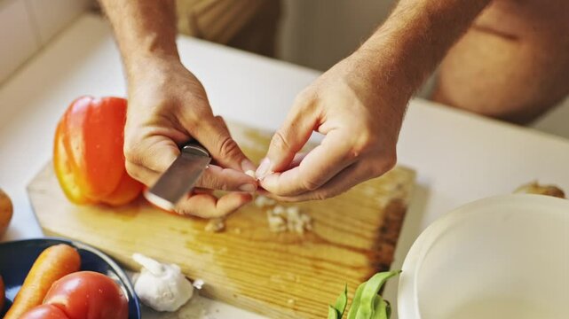 Chef peeling garlic with knife on cutting board