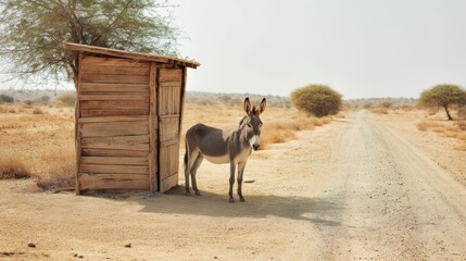 Donkey near Rustic Outbuilding in Arid Landscape African Rural Scene