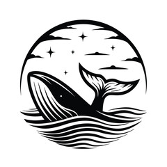 Whale breaching water in circle, stars, clouds and sea waves monochrome line art
